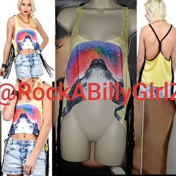 Rat Baby Tops - Too Fast Peace Out Spirit Wolf Crop Top Racer Back Extra Long Black Side Fringe